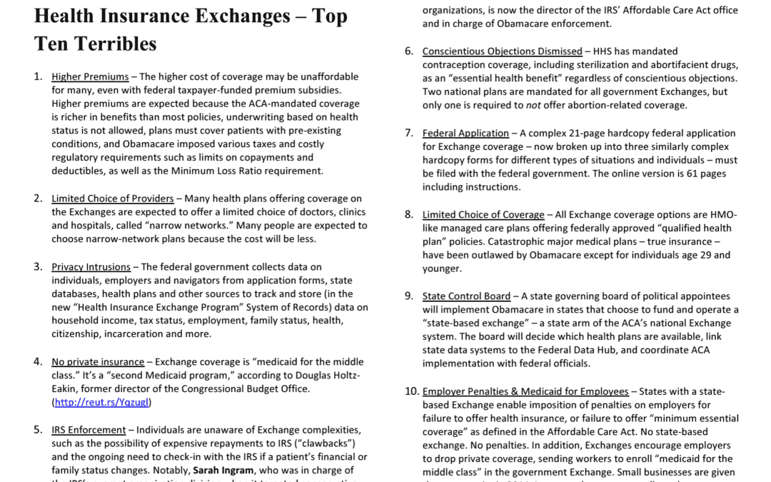 Top Ten Terribles of Health Insurance Exchanges