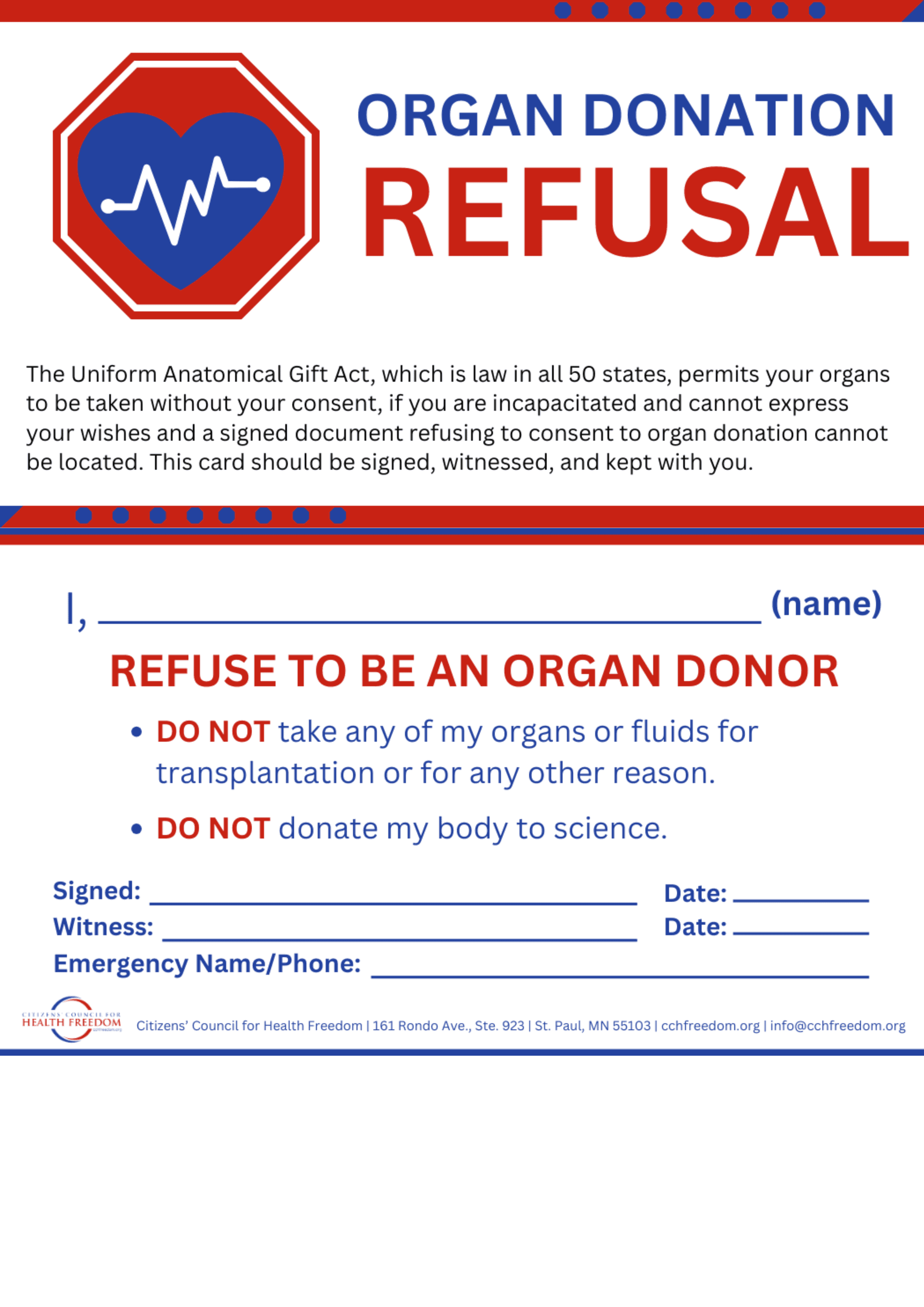 a card with a red and blue sign